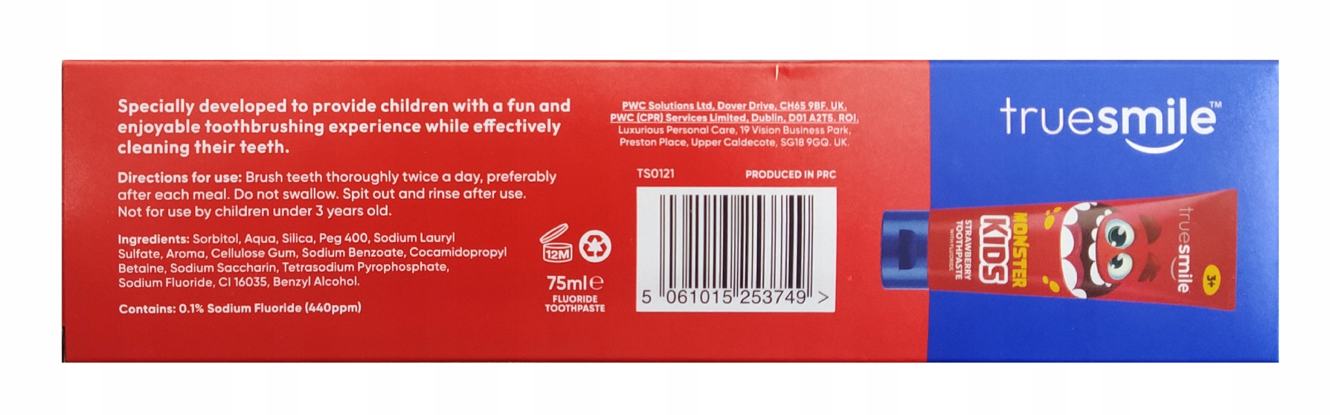 Pasta do zębów Truesmile Monster Kids truskawkowa + szczoteczka 3-6lat 75ml - obrazek 2